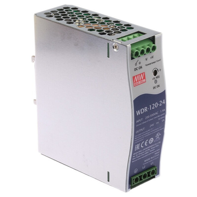 MEAN WELL WDR Switch Mode DIN Rail Power Supply, 180 → 550V ac ac Input, 24V dc dc Output, 5A Output, 120W