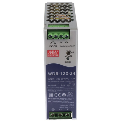 MEAN WELL WDR Switch Mode DIN Rail Power Supply, 180 → 550V ac ac Input, 24V dc dc Output, 5A Output, 120W