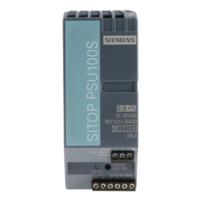 Siemens SITOP PSU100S Switch Mode DIN Rail Power Supply, 85 → 132V ac ac Input, 24V dc dc Output, 5A Output, 144W