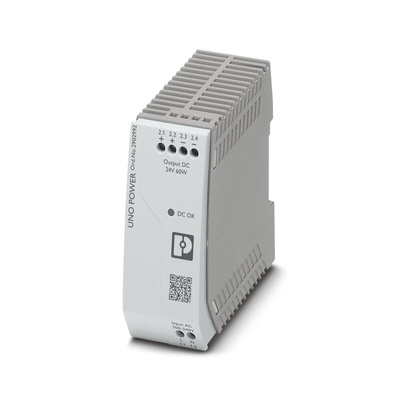 Phoenix Contact UNO-PS/1AC/24DC/60W Switch Mode DIN Rail Power Supply, 85 → 264V ac ac Input, 24V dc dc Output,