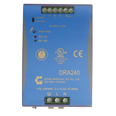 Chinfa DRA240 Switch Mode DIN Rail Power Supply, 90 → 264V ac ac Input, 24V dc dc Output, 10A Output, 240W