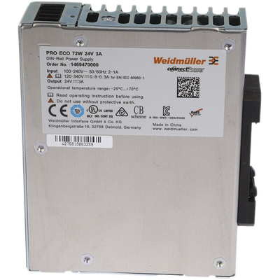 Weidmuller PRO ECO Switch Mode DIN Rail Power Supply, 85 → 264V ac ac, dc Input, 24V dc dc Output, 3A Output, 72W