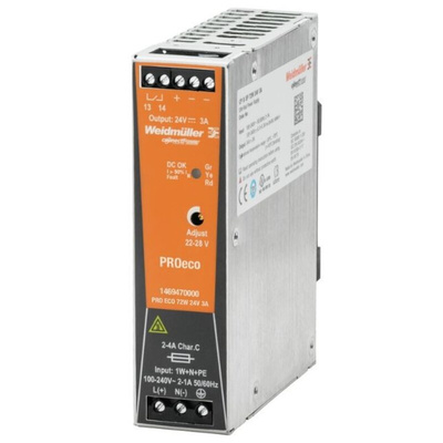 Weidmuller PRO ECO Switch Mode DIN Rail Power Supply, 85 → 264V ac ac, dc Input, 24V dc dc Output, 3A Output, 72W