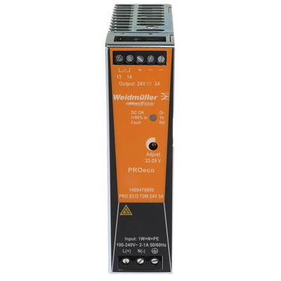 Weidmuller PRO ECO Switch Mode DIN Rail Power Supply, 85 → 264V ac ac, dc Input, 24V dc dc Output, 3A Output, 72W