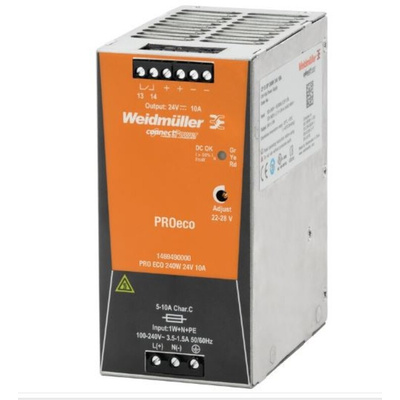 Weidmuller PRO ECO DIN Rail Power Supply, 85 → 264V ac ac, dc Input, 24V dc dc Output, 10A Output, 240W