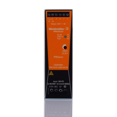 Weidmuller PRO ECO Switch Mode DIN Rail Power Supply, 320 → 575V ac ac, dc Input, 24V dc dc Output, 5A Output,
