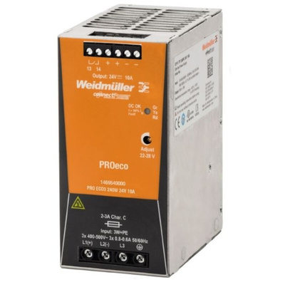 Weidmuller PRO ECO Switch Mode DIN Rail Power Supply, 320 → 575V ac ac, dc Input, 24V dc dc Output, 10A Output,