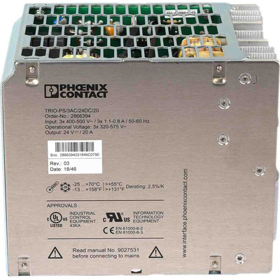 Phoenix Contact TRIO-PS/3AC/24DC/20 Switch Mode DIN Rail Power Supply, 400V ac ac Input, 24V dc dc Output, 20A Output,