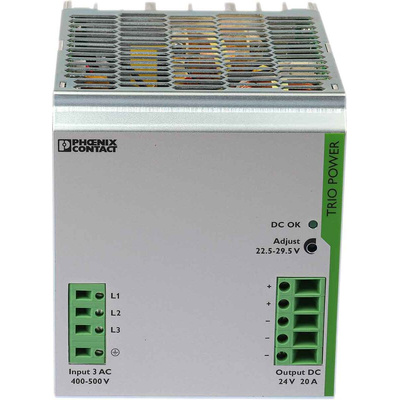 Phoenix Contact TRIO-PS/3AC/24DC/20 Switch Mode DIN Rail Power Supply, 400V ac ac Input, 24V dc dc Output, 20A Output,