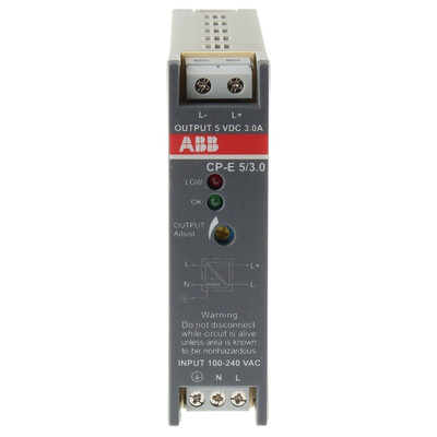 ABB CP-E Switch Mode DIN Rail Power Supply, 90 → 264V ac ac, dc Input, 5V dc dc Output, 3A Output, 15W