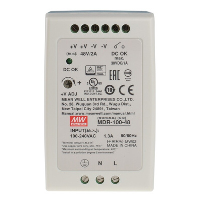 MEAN WELL MDR Switch Mode DIN Rail Power Supply, 85 → 264V ac ac Input, 48V dc dc Output, 2A Output, 100W