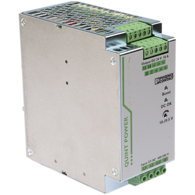 Phoenix Contact QUINT-PS/3AC/24DC/10 Switch Mode DIN Rail Power Supply, 400V ac ac Input, 24V dc dc Output, 10A Output,