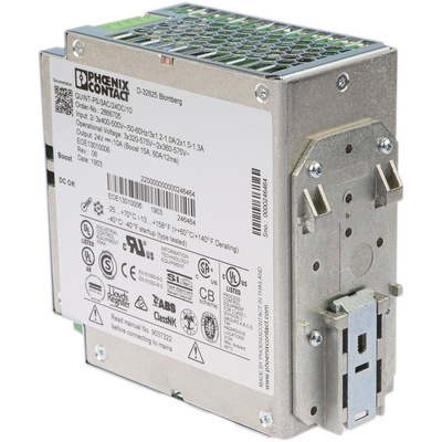 Phoenix Contact QUINT-PS/3AC/24DC/10 Switch Mode DIN Rail Power Supply, 400V ac ac Input, 24V dc dc Output, 10A Output,