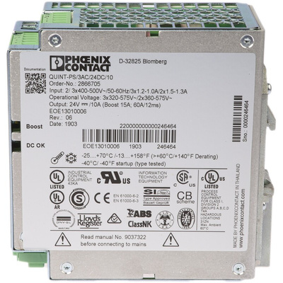 Phoenix Contact QUINT-PS/3AC/24DC/10 Switch Mode DIN Rail Power Supply, 400V ac ac Input, 24V dc dc Output, 10A Output,