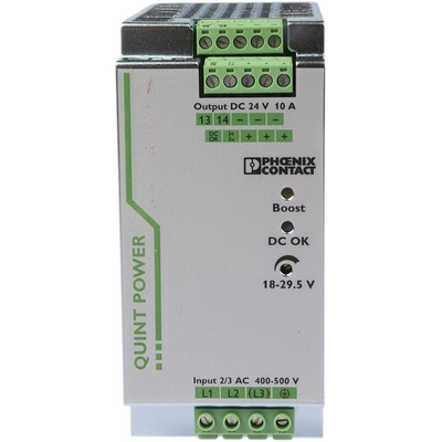 Phoenix Contact QUINT-PS/3AC/24DC/10 Switch Mode DIN Rail Power Supply, 400V ac ac Input, 24V dc dc Output, 10A Output,