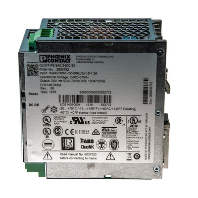 Phoenix Contact QUINT-PS/3AC/24DC/20 Switch Mode DIN Rail Power Supply, 400V ac ac Input, 24V dc dc Output, 20A Output,