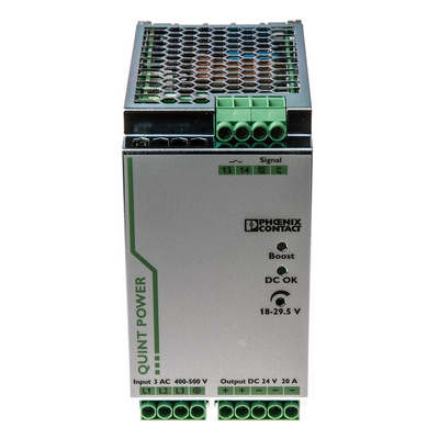 Phoenix Contact QUINT-PS/3AC/24DC/20 Switch Mode DIN Rail Power Supply, 400V ac ac Input, 24V dc dc Output, 20A Output,