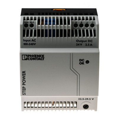 Phoenix Contact STEP-PS/1AC/24DC/2.5 Switch Mode DIN Rail Power Supply, 85 → 264V ac ac Input, 24V dc dc Output,