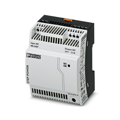 Phoenix Contact STEP-PS/1AC/24DC/2.5 Switch Mode DIN Rail Power Supply, 85 → 264V ac ac Input, 24V dc dc Output,
