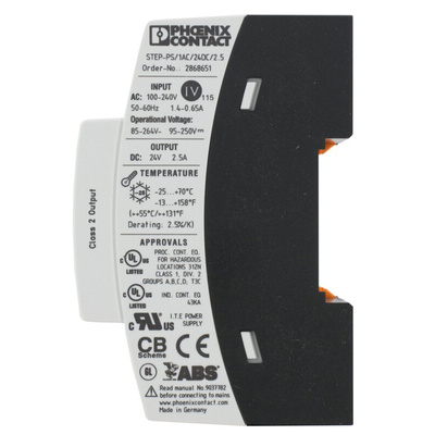 Phoenix Contact STEP-PS/1AC/24DC/2.5 Switch Mode DIN Rail Power Supply, 85 → 264V ac ac Input, 24V dc dc Output,
