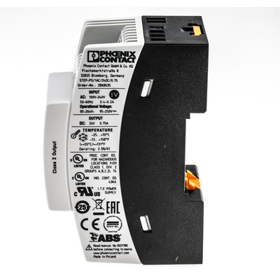 Phoenix Contact STEP-PS/1AC/24DC/0.75 Switch Mode DIN Rail Power Supply, 85 → 264V ac ac Input, 24V dc dc