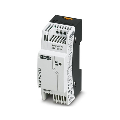 Phoenix Contact STEP-PS/1AC/24DC/0.75 Switch Mode DIN Rail Power Supply, 85 → 264V ac ac Input, 24V dc dc