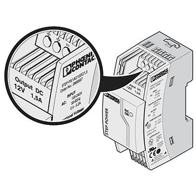Phoenix Contact STEP-PS/1AC/12DC/1.5 Switch Mode DIN Rail Power Supply, 85 → 264V ac ac Input, 12V dc dc Output,
