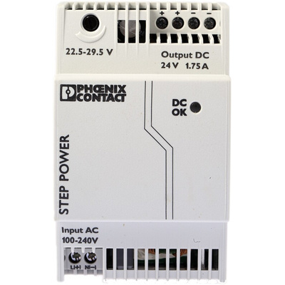 Phoenix Contact STEP-PS/1AC/24DC/1.75 Switch Mode DIN Rail Power Supply, 85 → 264V ac ac Input, 24V dc dc