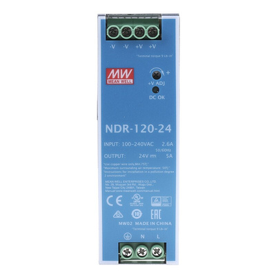 MEAN WELL NDR Switch Mode DIN Rail Power Supply, 90 → 264V ac ac Input, 24V dc dc Output, 5A Output, 120W