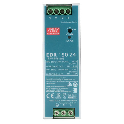 MEAN WELL EDR Switch Mode DIN Rail Power Supply, 90 → 264V ac ac Input, 24V dc dc Output, 6.5A Output, 150W