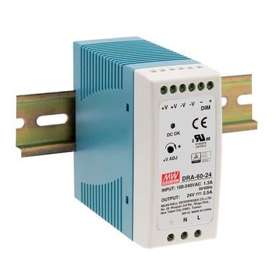 MEAN WELL DRA Switch Mode DIN Rail Power Supply, 90 → 264V ac ac, dc Input, 12V dc dc Output, 5A Output, 60W