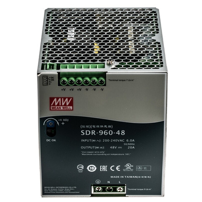 MEAN WELL SDR Switch Mode DIN Rail Power Supply, 180 → 264V ac ac Input, 48V dc dc Output, 20A Output, 960W