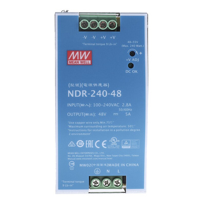 MEAN WELL NDR Switch Mode DIN Rail Power Supply, 90 → 264V ac ac Input, 48V dc dc Output, 5A Output, 240W