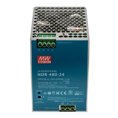 MEAN WELL NDR Switch Mode DIN Rail Power Supply, 90 → 264V ac ac Input, 24V dc dc Output, 20A Output, 480W