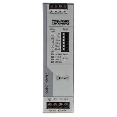 Phoenix Contact QUINT4-PS/3AC/24DC/5 Switch Mode DIN Rail Power Supply, 400V ac ac Input, 24V dc dc Output, 5A Output,