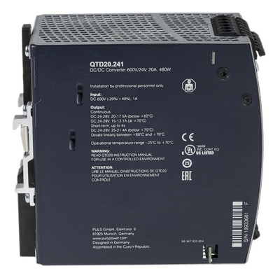 PULS Q DIN Rail Power Supply, 600V dc dc Input, 24V dc dc Output, 20A Output, 480W