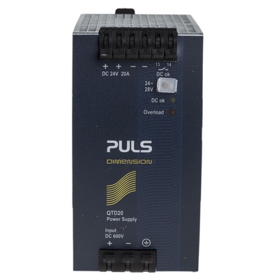 PULS Q DIN Rail Power Supply, 600V dc dc Input, 24V dc dc Output, 20A Output, 480W