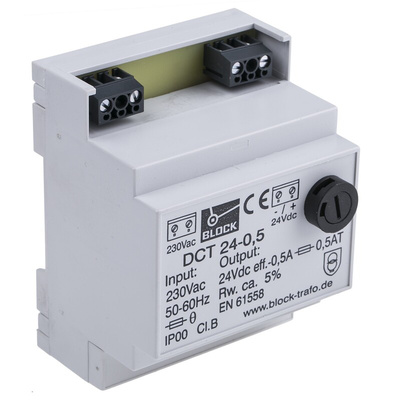 Block DCT Linear DIN Rail Power Supply, 230V ac ac Input, 24V dc dc Output, 500mA Output, 12W