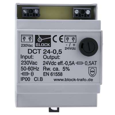 Block DCT Linear DIN Rail Power Supply, 230V ac ac Input, 24V dc dc Output, 500mA Output, 12W