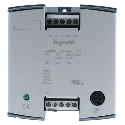 Legrand Linear DIN Rail Power Supply, 12V dc, 5A Output, 60W