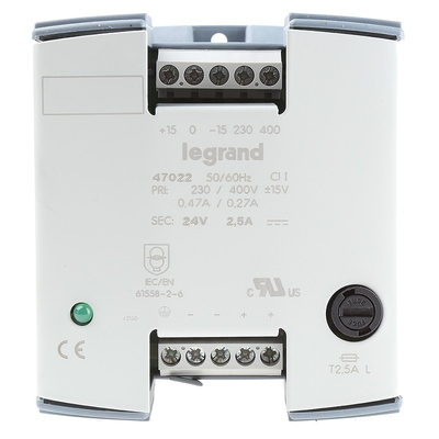 Legrand Linear DIN Rail Power Supply, 24V dc, 2.5A Output, 60W