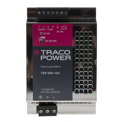 TRACOPOWER TSP Switch Mode DIN Rail Power Supply, 85 → 264V ac ac Input, 24V dc dc Output, 15A Output, 360W