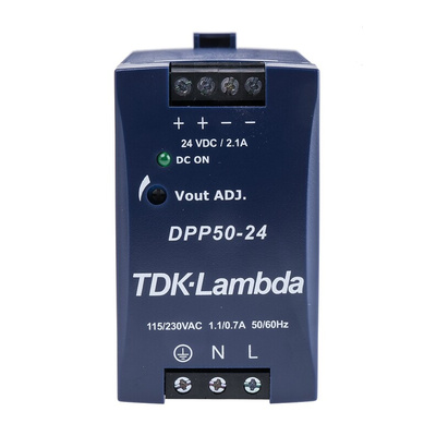 TDK-Lambda DPP Switch Mode DIN Rail Power Supply, 85 → 264V ac ac, dc Input, 24V dc dc Output, 2.1A Output, 50W
