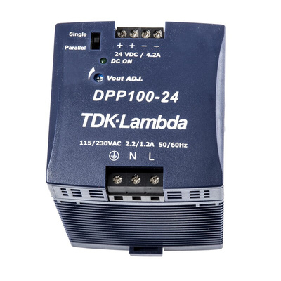 TDK-Lambda DPP Switch Mode DIN Rail Power Supply, 85 → 132V ac ac, dc Input, 24V dc dc Output, 4.2A Output, 100W