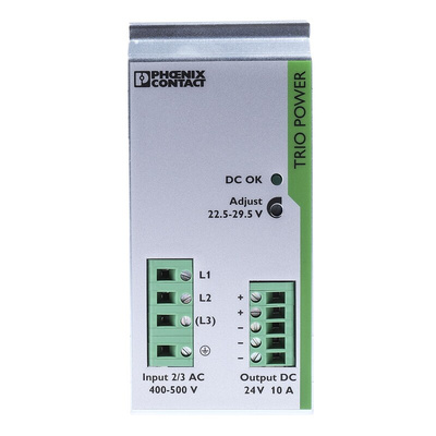 Phoenix Contact TRIO-PS/ 3AC/24DC/10 Switch Mode DIN Rail Power Supply, 400V ac ac Input, 24V dc dc Output, 10A Output,