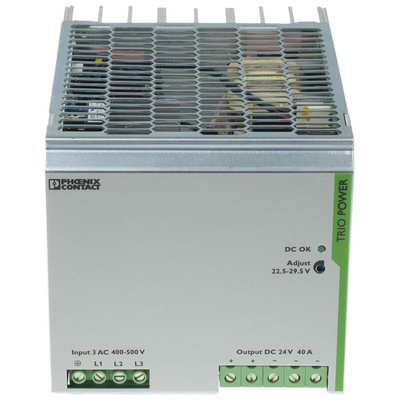Phoenix Contact TRIO-PS/3AC/24DC/40 Switch Mode DIN Rail Power Supply, 400V ac ac Input, 24V dc dc Output, 40A Output,