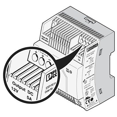 Phoenix Contact STEP-PS/1AC/12DC/5 Switch Mode DIN Rail Power Supply, 85 → 264V ac ac Input, 12V dc dc Output,