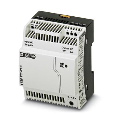 Phoenix Contact STEP-PS/1AC/12DC/5 Switch Mode DIN Rail Power Supply, 85 → 264V ac ac Input, 12V dc dc Output,