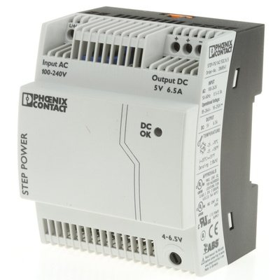 Phoenix Contact STEP-PS/1AC/ 5DC/6.5 Switch Mode DIN Rail Power Supply, 85 → 264V ac ac Input, 5V dc dc Output,