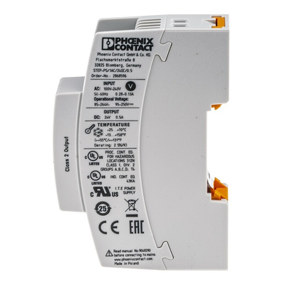 Phoenix Contact STEP-PS/1AC/24DC/0.5 Switch Mode DIN Rail Power Supply, 85 → 264V ac ac Input, 24V dc dc Output,